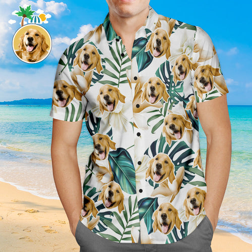 Custom Face Hawaiian Shirt White Flowers Personalized Aloha Beach Shirt for Pet Lover - MyFaceSocksAu