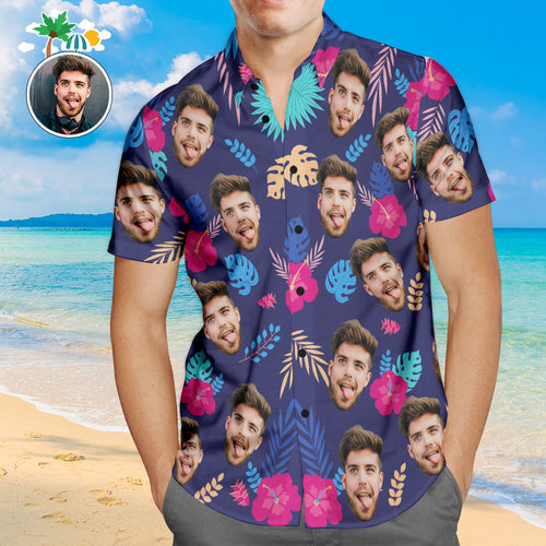 Custom Face Hawaiian Shirt Colorful Leaves Personalized Aloha Beach Shirt For Men - MyFaceSocksAu