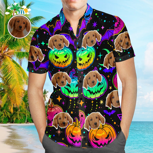 Custom Face Hawaiian Shirt Vintage Halloween Pumpkins Men's Popular All Over Print Bright Multicolored Pumpkins And Bats Hawaiian Beach Shirt Holiday Gift - MyFaceSocksAu