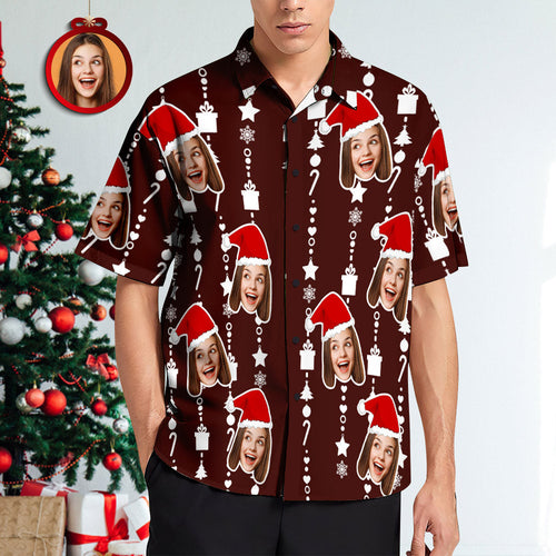 Custom Face Hawaiian Shirts for Men Personalised Photo Fun Christmas Shirts Gift for Men Casual Button-Down Shirt - MyFaceSocks