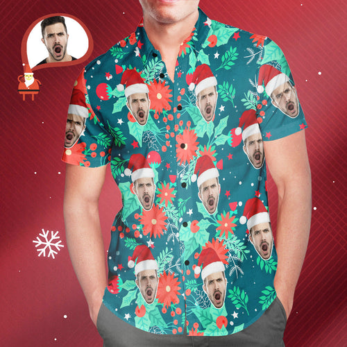 Custom Face Men's All Over Print Christmas Hawaiian Shirt Merry Xmas Is Coming Here - MyFaceSocksAu
