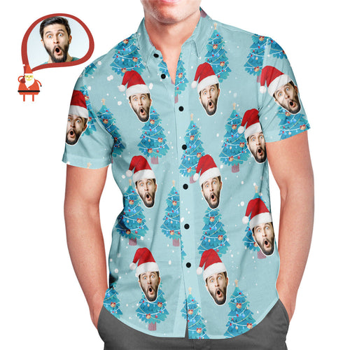 Custom Face All Over Print Blue Hawaiian Shirt Christmas Tree Style Gift for Him - MyFaceSocksAu