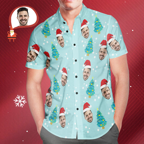 Custom Face Christmas Tree Hawaiian Shirts Personalised Photo Shirts Gift For Men - MyFaceSocksAu