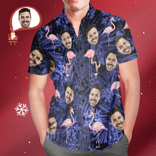 Custom Face Hawaiian Shirts Personalised Photo Flamingo On Christmas Shirt For Men - MyFaceSocksAu