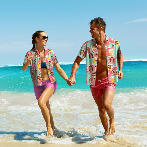 Custom Photo Hawaiian Shirt Couple Wears Personalised Face Hawaiian Shirt Gift Groovy Grapefruit - MyFaceSocksAu