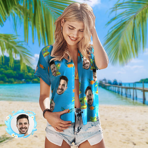 Custom Photo Hawaiian Shirt Beach Vacation Women's Popular All Over Print Hawaiian Beach Shirt Holiday Gift Blue - MyFaceSocksAu