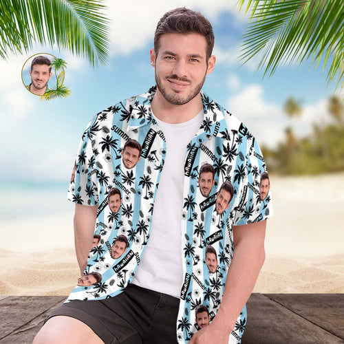 Custom Face Hawaiian Shirt Men's All Over Print Aloha Shirt Gift - Blue and White Striped - MyFaceSocksAu