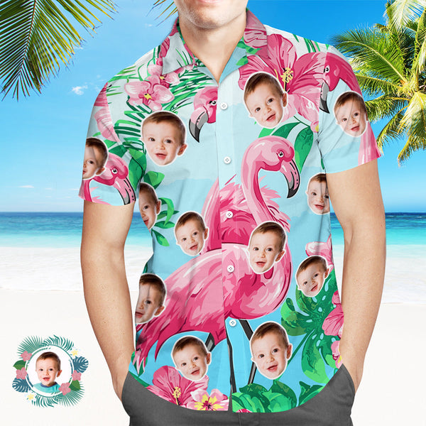 Custom Photo Hawaiian Shirt Couple Outfit Parent-child Wears Face Hawaiian Shirt Gift Flamingo - MyFaceSocksAu