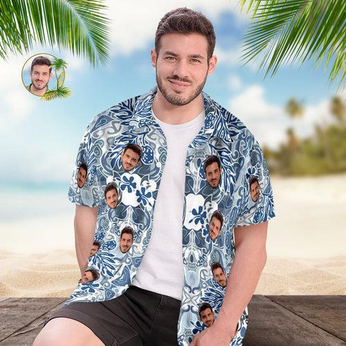 Custom Face Hawaiian Shirt Men's All Over Print Aloha Shirt Gift - Blue Vintage Pattern