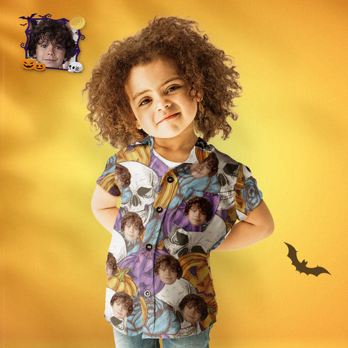 Kid's Custom Face Funny Pumpkin & Skull Print Personalized Halloween Hawaiian Shirt - MyFaceSocksAu