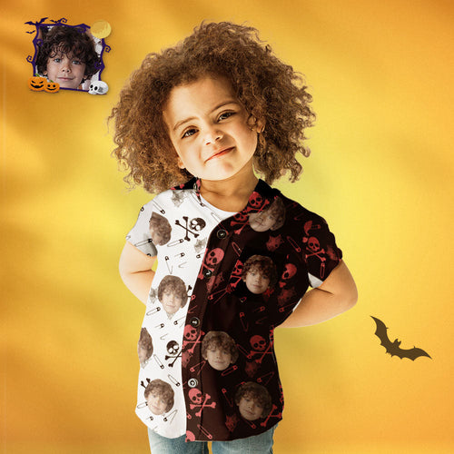 Custom Face Halloween Hawaiian Shirt Kid's Two Tone Skeleton Print Shirt - MyFaceSocksAu