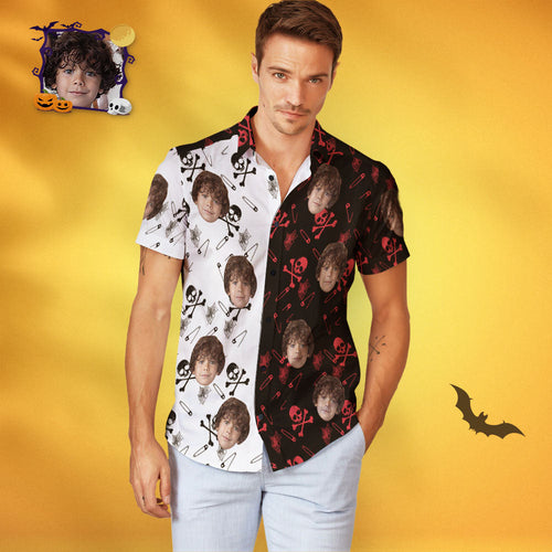 Custom Face Halloween Hawaiian Shirt Men's Two Tone Skeleton Print Shirt - MyFaceSocksAu