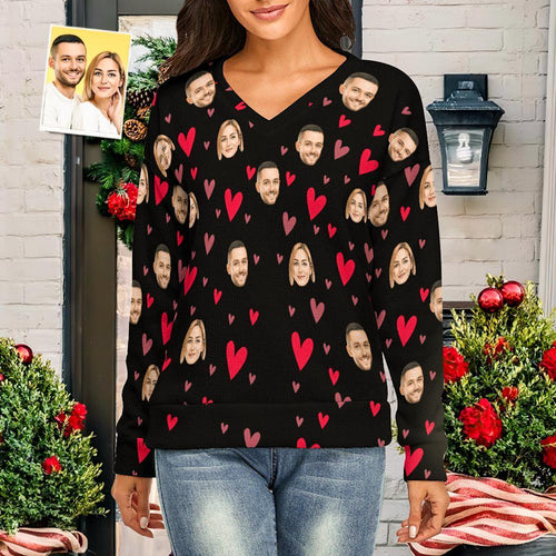 Custom Face Women V-Neck Sweater With Little Heart Couple Theme Spandex Comfortable - MyFaceSocksAu