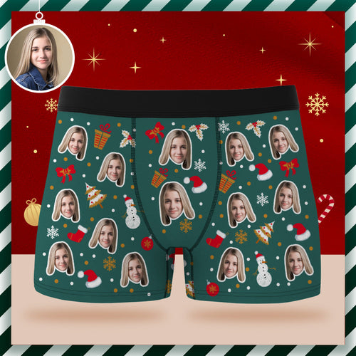Custom Face Boxer Briefs Personalised Green Underwear Merry Christmas Gift for Him - MyFaceSocksAu
