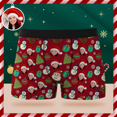 Custom Face Boxer Briefs Personalised Red Underwear Santa Claus Snowman and Elk Merry Christmas Gift for Him - MyFaceSocksAu