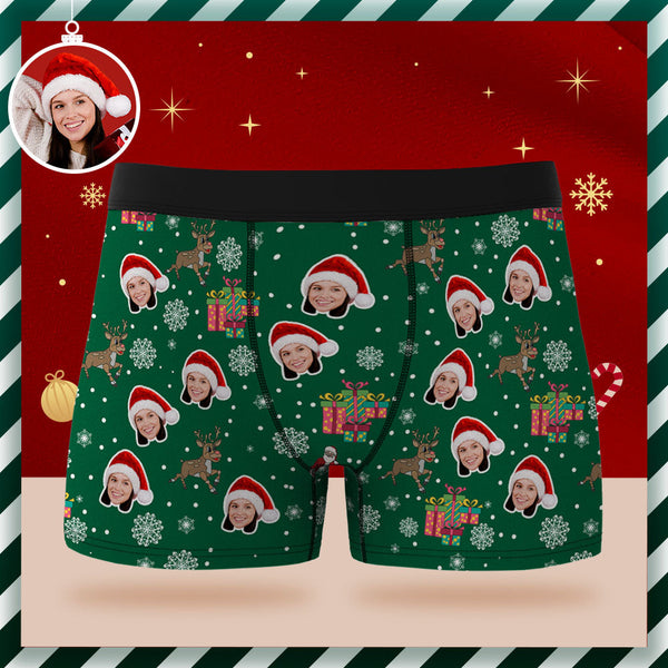 Custom Face Boxer Briefs Personalised Green Underwear Santa Claus and Elk Merry Christmas Gifts for Him - MyFaceSocksAu