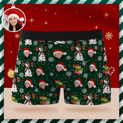 Custom Face Boxer Briefs Personalised Green Underwear Snowman Merry Christmas Gifts for Him - MyFaceSocksAu
