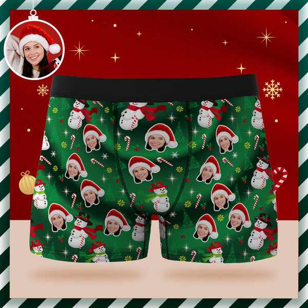 Custom Face Boxer Briefs Personalised Green Underwear Snowman Christmas Gifts for Him - MyFaceSocksAu