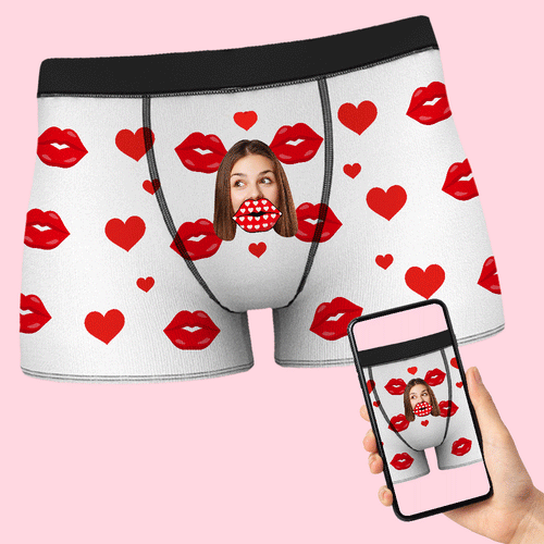 Custom Face Heart Boxer AR View Personalized Funny Lips Boxer Shorts Valentine's Day Gift - MyFaceSocksAu