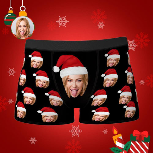 Custom Face Boxers Shorts with Christmas hat Personalised Photo Underwear Christmas Gift for Men - MyFaceSocksAu