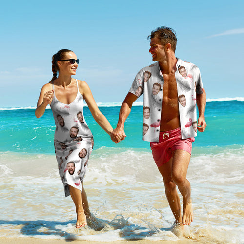 Custom Face Hawaiian Style Feather And Flamingo Long Dress And Shirt Couple Outfit - MyFaceSocksAu