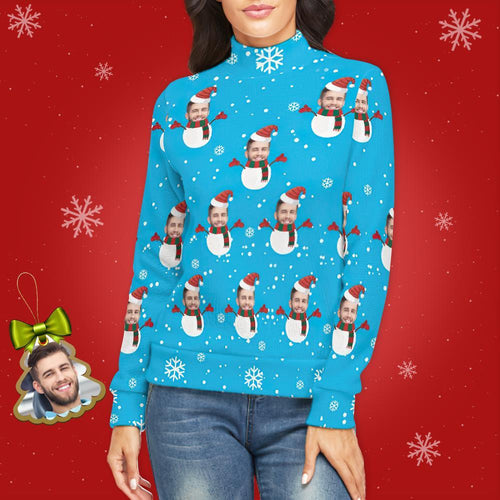 Custom Face Turtleneck for Women Ugly Christmas Sweater Knitted Loose Pullovers - Snowman - MyFaceSocksAu