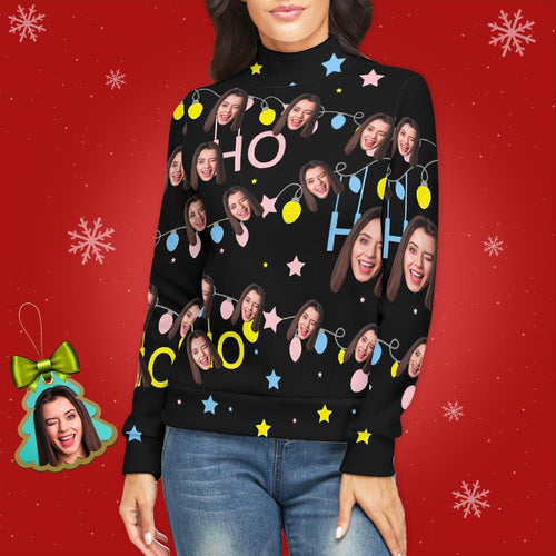 Custom Face Turtleneck for Women Ugly Christmas Sweater Knitted Loose Pullovers - Christmas Lights - MyFaceSocksAu