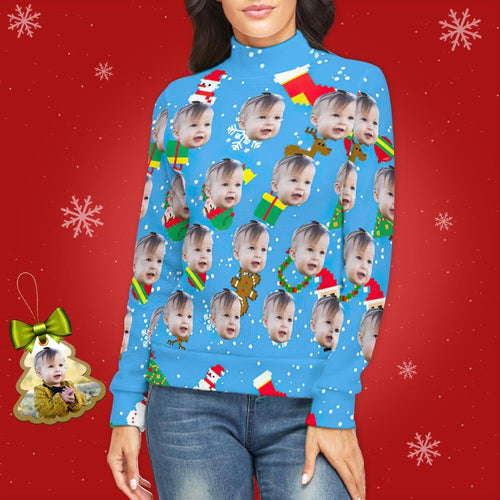 Custom Face Turtleneck for Women Ugly Christmas Sweater Knitted Loose Pullovers - Ice Blue - MyFaceSocksAu