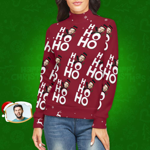 Custom Face Turtleneck for Women Ugly Christmas Sweater Knitted Loose Pullovers - Ho Ho Ho - MyFaceSocksAu