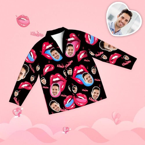Valentine's Day Custom Face Tongue Kiss Printed Long Sleeve Pajamas