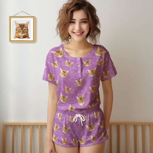 Custom Face Pajamas Cat Face Women Short Pajama Set Gift for Pet Lover - MyFaceSocksAu
