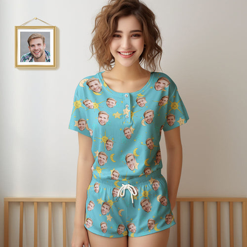 Custom Face Pajamas Women Blue Short Pajama Set Gift - MyFaceSocksAu