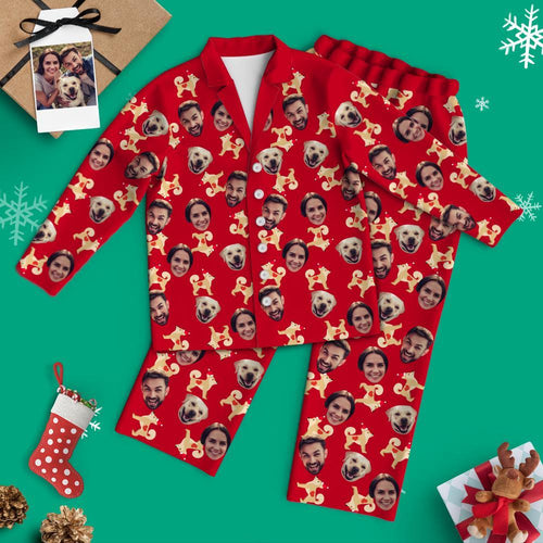 Custom Face Christmas Long Sleeve Pajamas - Flatbed Dogs