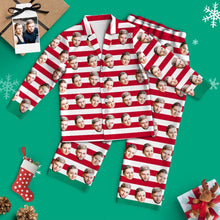 Custom Face Christmas Long Sleeve Pajamas - Red and White Stripe Couple