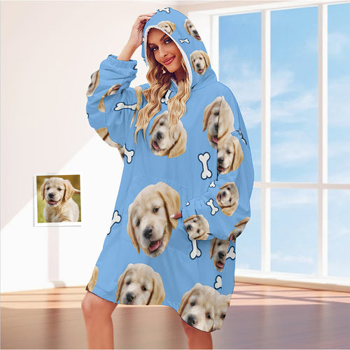 Custom Face Adult Blanket Hoodie Personalized Blanket Pajama Gift for Women Pet Dog - MyFaceSocksAu