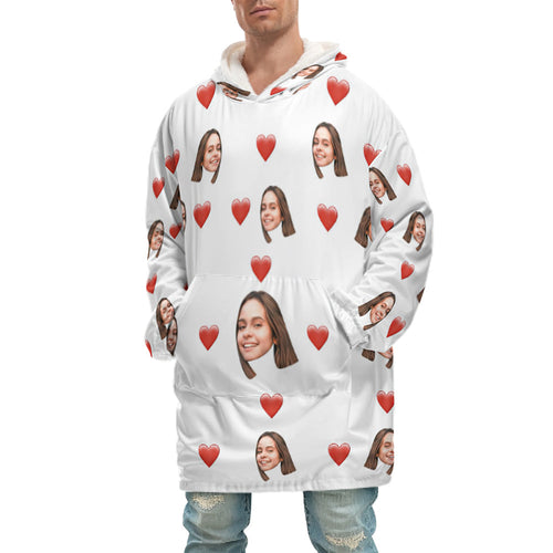 Custom Face Adult Unisex Blanket Hoodie Personalized Blanket Pajama Gift Red Heart For Men - MyFaceSocksAu