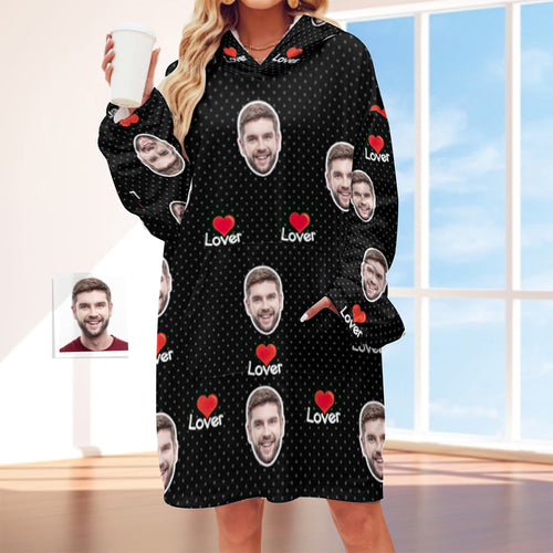 Custom Face Adult Unisex Blanket Hoodie Personalized Blanket Pajama Gift Red Heart for Lover - MyFaceSocksAu