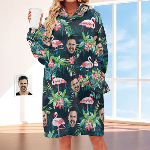 Custom Face Adult Unisex Blanket Hoodie Personalized Blanket Pajama Gift Hawaiian Flamingos - MyFaceSocksAu