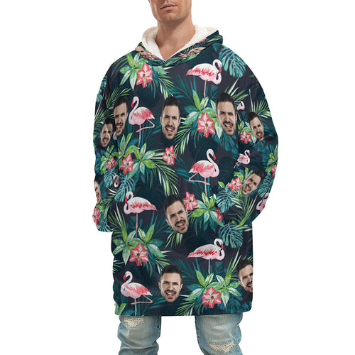 Custom Face Adult Unisex Blanket Hoodie Personalized Blanket Pajama Gift Hawaiian Flamingos For Men - MyFaceSocksAu