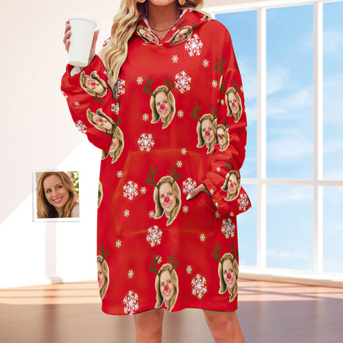 Custom Face Adult Unisex Blanket Hoodie Personalized Blanket Pajama Gift Christmas Elk - MyFaceSocksAu