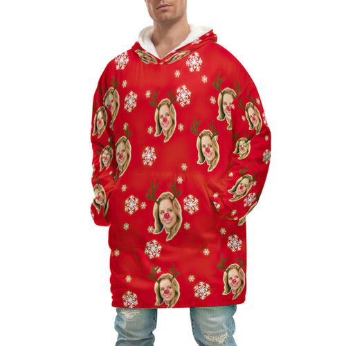 Custom Face Adult Unisex Blanket Hoodie Personalized Blanket Pajama Gift Christmas Elk For Men - MyFaceSocksAu