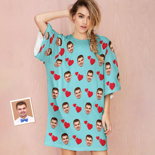 Custom Photo Face Nightdress Personalised Women's Oversized Nightshirt Heart Design Gifts - MyFaceSocksAu