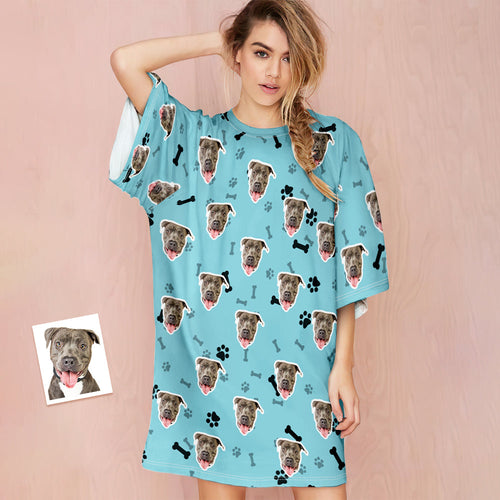 Custom Dog Face Nightdress Personalised Photo Women's Oversized Colorful Nightshirt Bone Gifts For Women - MyFaceSocksAu