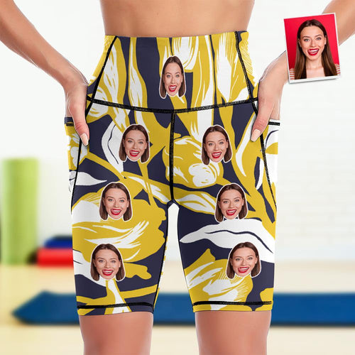 Custom Face Knee Length Tights Women's Yoga Shorts Running Leggings with Pockets - Yellow Flowers - MyFaceSocksAu