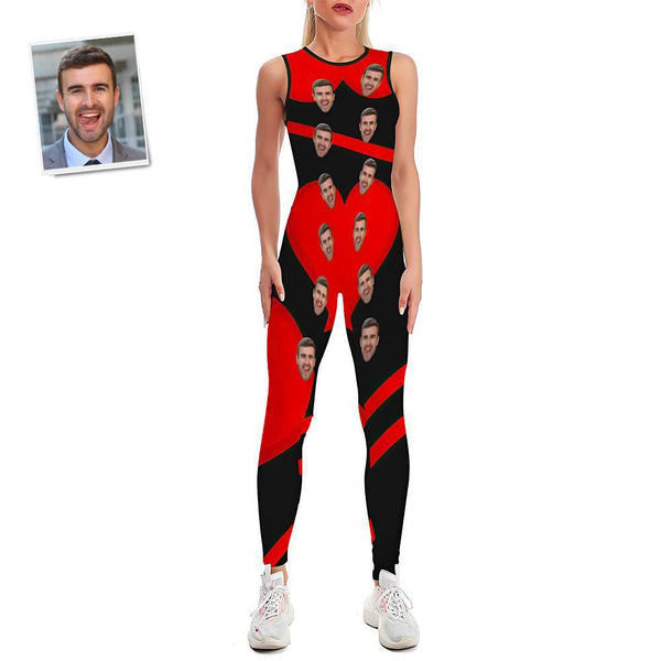 Custom Face Women's Yoga Jumpsuit Stretch Yoga Gym Fitness Dancing Costume - Black & Red Heart Shaped