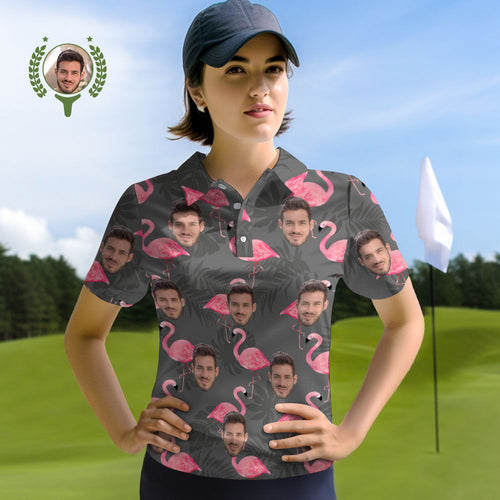 Custom Face Women Polo Shirts Personalised Flamingo and Monstera Leaves - MyFaceSocksAu