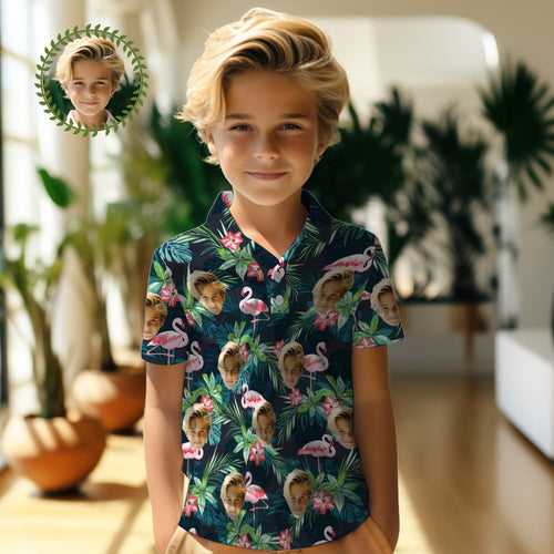 Custom Face Kids Polo Shirts Personalised Photo Hawaiian Style Shirt Flamingo Flower - MyFaceSocksAu