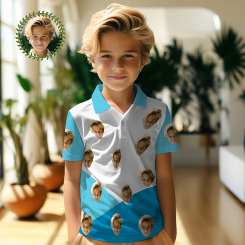 Custom Face Kids Polo Shirts Personalised Photo Shirt Blue and White Splicing - MyFaceSocksAu