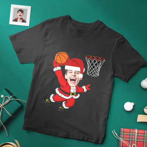Custom Christmas Face T-shirt  Christmas Santa Claus Dunking A Basketball Funny  T-Shirt - MyFaceSocksAu