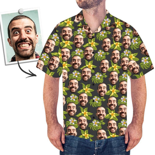 Custom Face Hawaiian Shirt Men's Photo Shirt All Over Print Shirt - Green Flowers